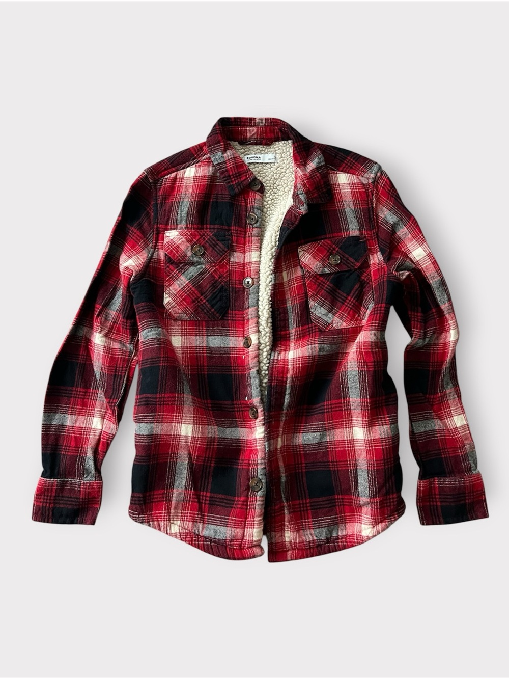 🔺SONOMA: Boy size M, red & black plaid flannel jacket w/faux fur lining🔺